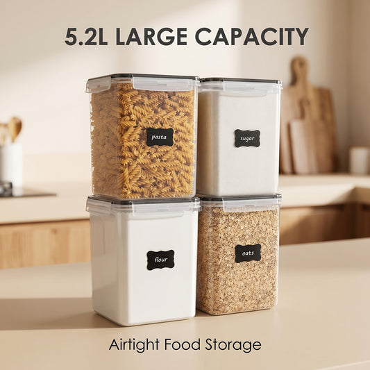 4pcs Large Food Storage Containers 5.2L/ 175oz, BPA Free Plastic Airtight Canisters for Flour, Sugar, Baking Supplies, Rice with Lids, 4 Measuring Cups and 24 Labels, Black