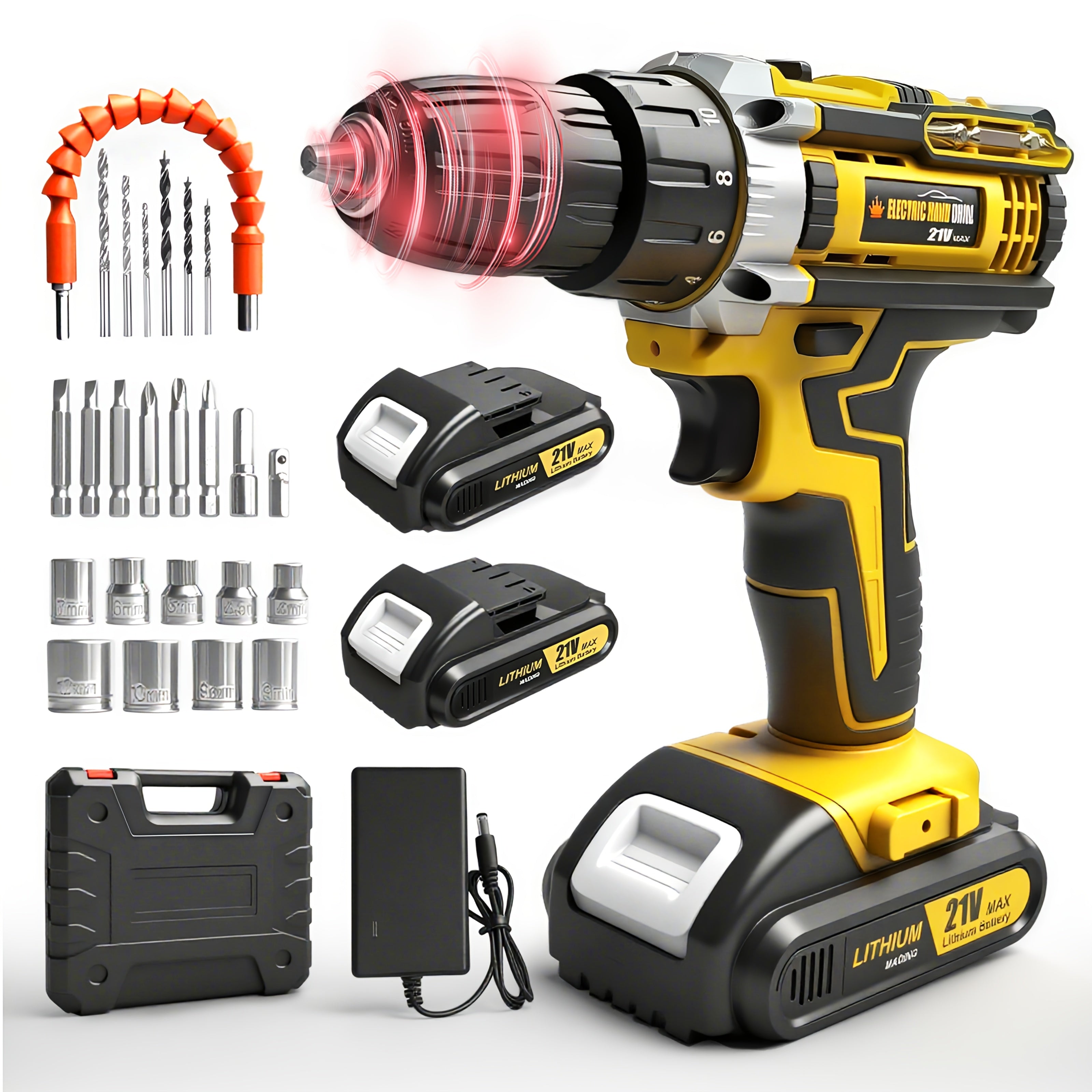 Lithium-Ion Cordless Drill Set with Battery & Charger – 3/8" Keyless Chuck, Variable Speed, 16-Position Clutch & 24 Drill Bits | Home & Automotive Power Tool | Red, Yellow or Blue | ShopVora CA