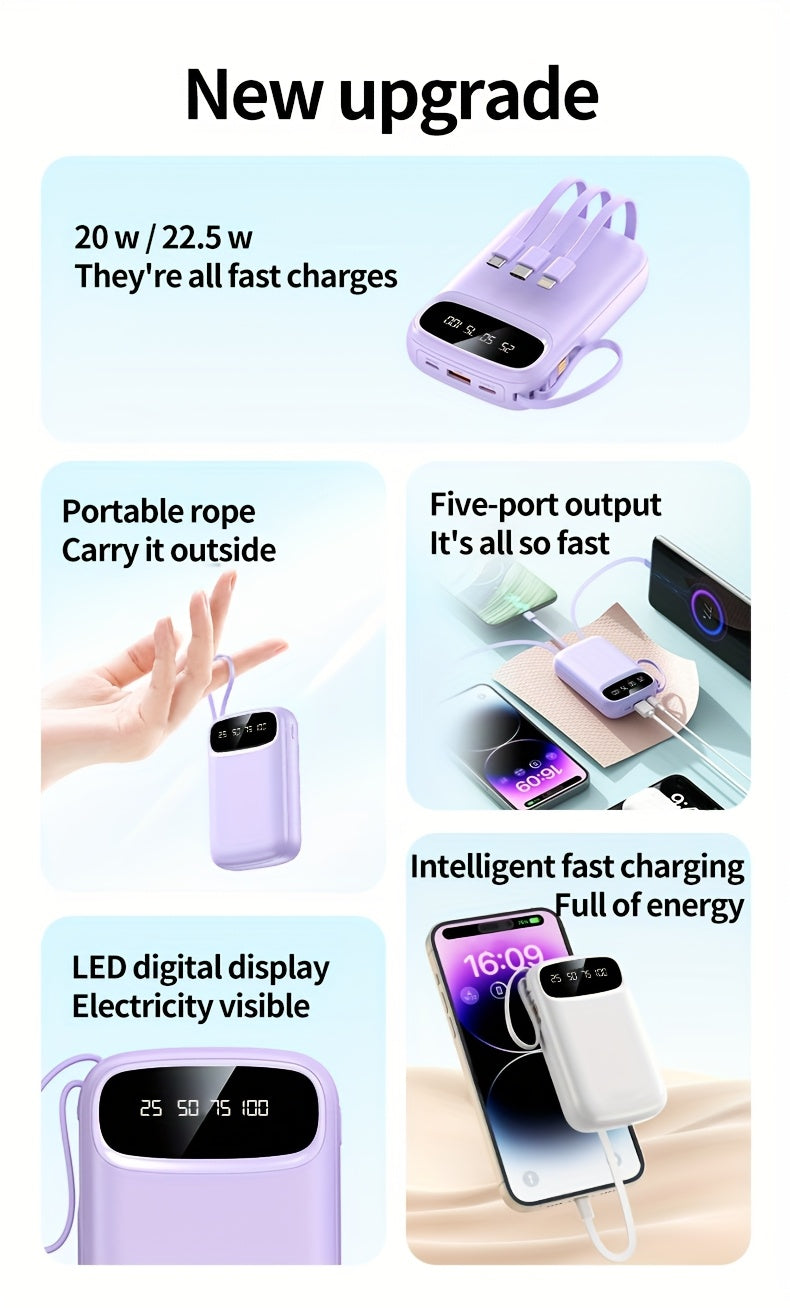 50000Mah Portable Large Capacity Mobile Power Bank, Comes with Four Data Cables/Lanyard/Led Power Display, Suitable for Fast Charging of Mobile Phones Such As Iphone/Android And Digital Electronic Products, Outdoor Portable Emergency Power Bank