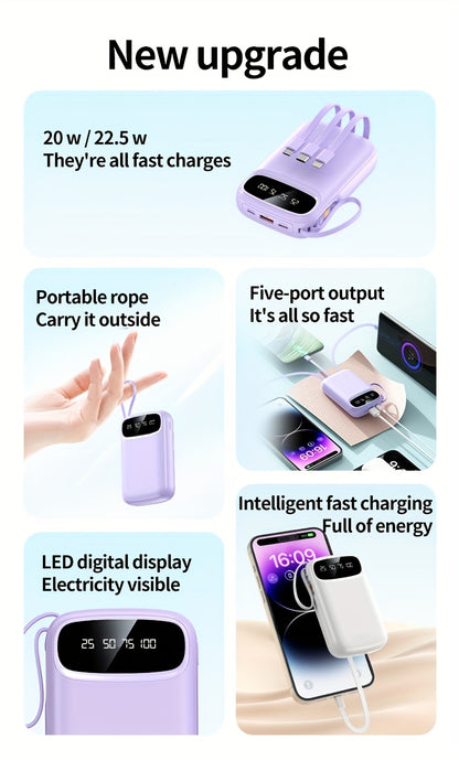 50000mAh Portable Power Bank – Fast Charging for iPhone & Android, 4 Built-In Cables, LED Power Display, Lanyard, Outdoor Emergency Backup Battery (Black/Purple)