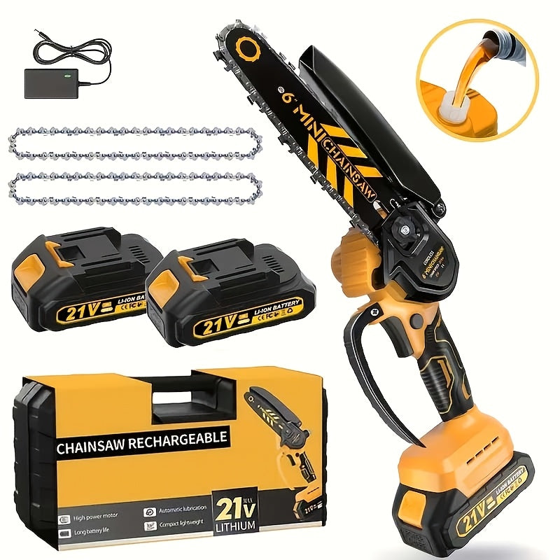 Mini Chainsaw 6" & 8" Brushless Cordless – 700W Auto Oiler, 21V 2000mAh Battery, Toolless Adjustment, Lightweight for Tree Trimming, Wood Cutting, Camping & Garden Use