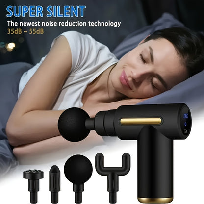 Mini Massage Gun with LED Display – Rechargeable 1200mAh Compact Muscle Soother, 4 Interchangeable Attachments, Black & Gold Design, Portable for Home & Travel Muscle Relief
