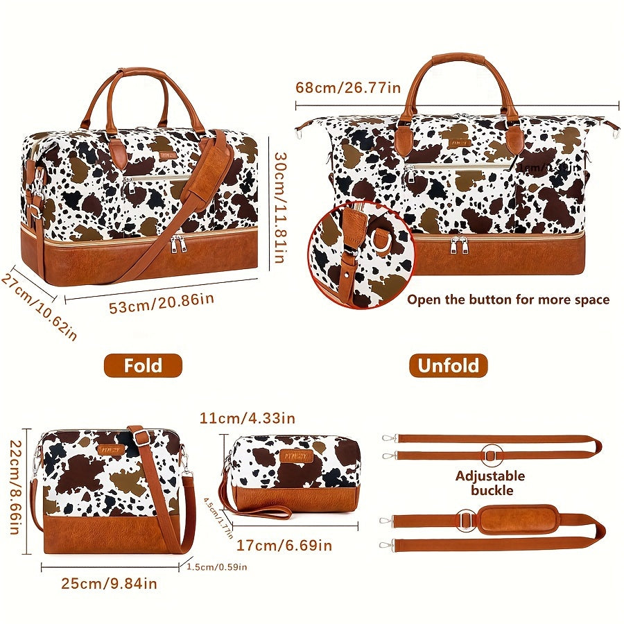 ITIEZY Women's 3pcs Cow Pattern Oxford Duffle Tote Bag with Shoe Compartment - Large Weekender Travel Bag Suitable for Overnight Trips, Airports, Trains & Buses - Stylish Carry-On Duffel