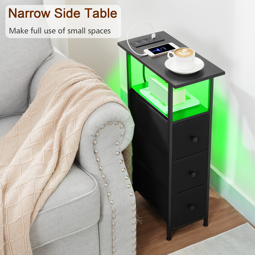 AMHANCIBLE Narrow End Table 2pcs with Charging Station, Slim LED Nightstand with 2/3 Fabric Drawers, Skinny Side Table for Bedroom, Small Spaces, Couch
