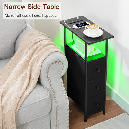 Narrow End Table Set of 2 with Charging Station LED Nightstand Slim Side Table Fabric Drawers for Bedroom Small Spaces Couch - AMHANCIBLE Skinny Bedside Table, Canada