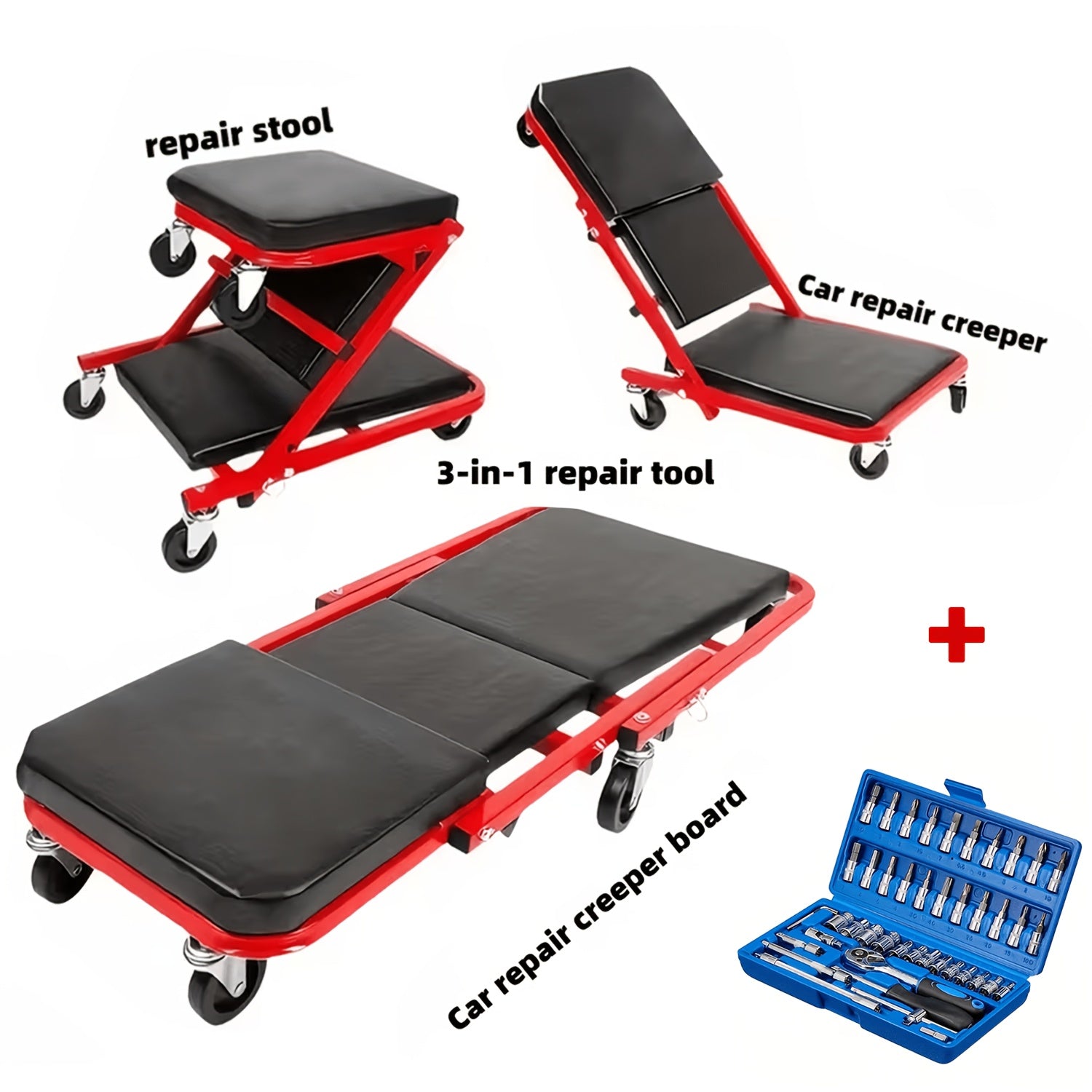 Mechanic Creeper Seat with Rolling Tool Tray – Adjustable Folding Garage Chair, 36" Z-Track, Heavy-Duty Wheels, Padded Seat – Auto Repair Stool for Workshop, Home Garage Canada