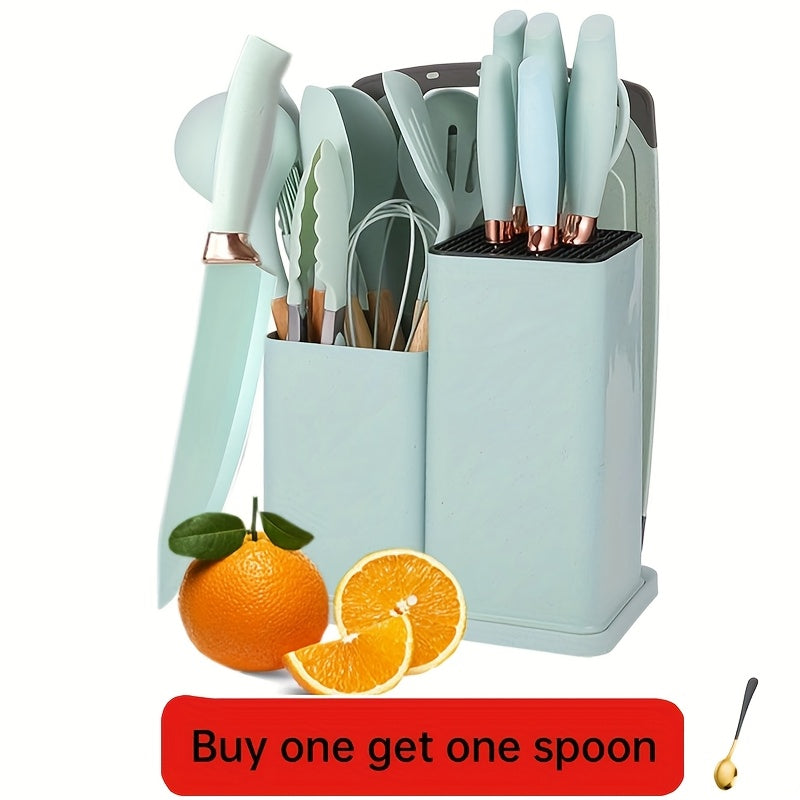19-Piece Silicone Kitchen Utensils & Stainless Steel Knife Set with Block – Cooking Tools, Chef Knives, Scissors, Whisk, Tongs & Cutting Board