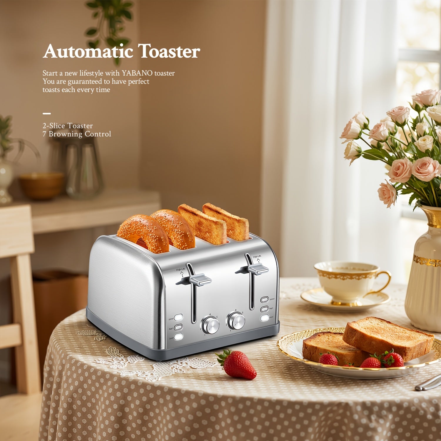 4-Slice Toaster, Extra Wide Slots, Stainless Steel with High Lift Lever, Bagel And Muffin Function, Removable Crumb Tray, 7-Shade Settings with Warming Rack, Silver