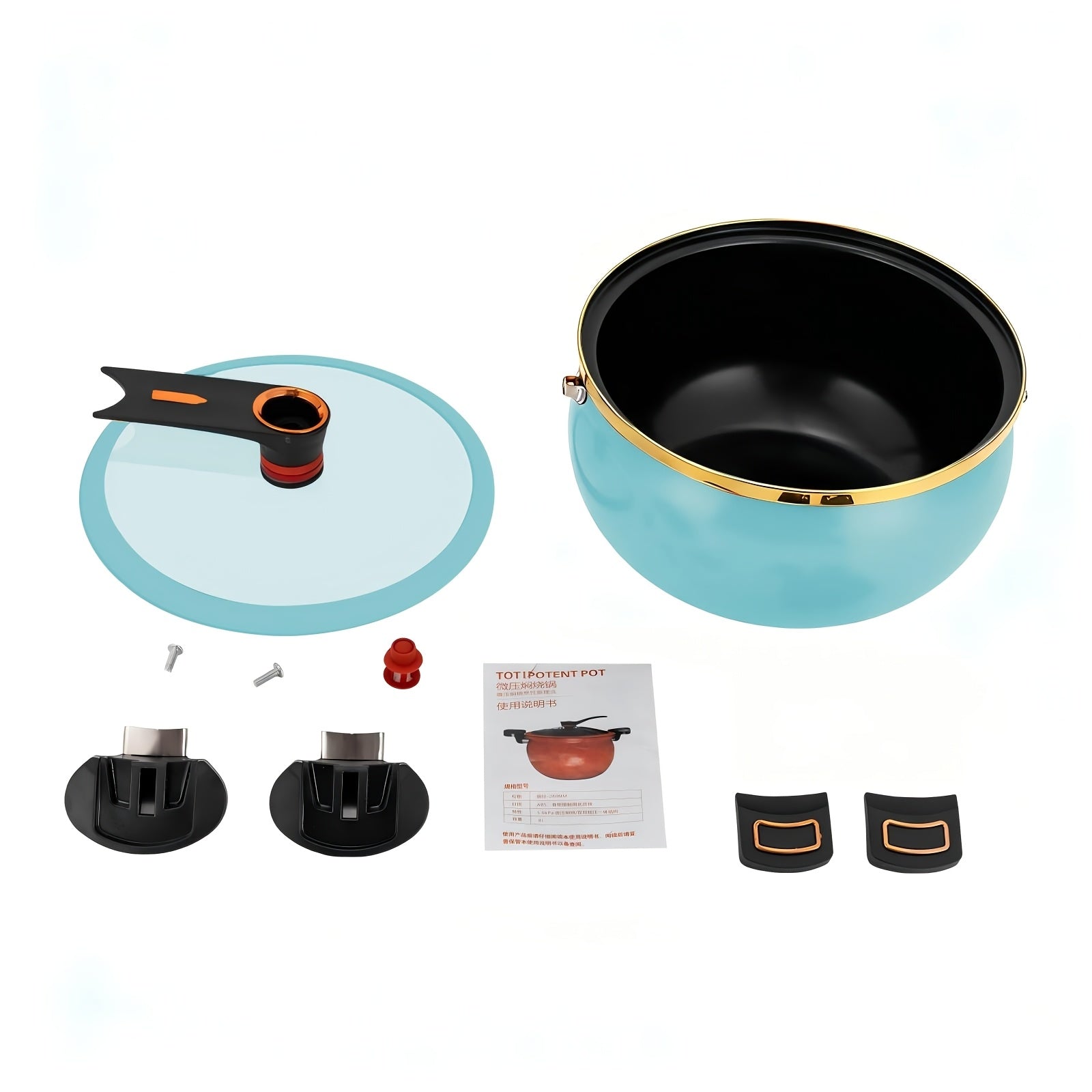 7-Liter Double Handle Cooking Pot with Glass Lid & Gold Trim – Thickened Iron Large Capacity Soup Stew Pot, Stylish Kitchen Cookware in Black, Blue & Orange