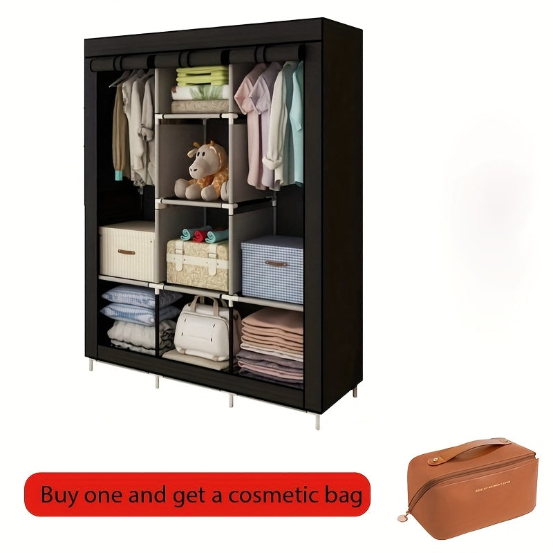 Portable Wardrobe Clothing Storage Box Non-woven Fabric Cover, With 2-6 Storage Racks, 2 Hanging Areas And 4 Side Pockets, Large Size 66.93*50.39*17.72 Inches/small Size 57.48*22.05*17.32 Inches, Dust-proof, With Curtains