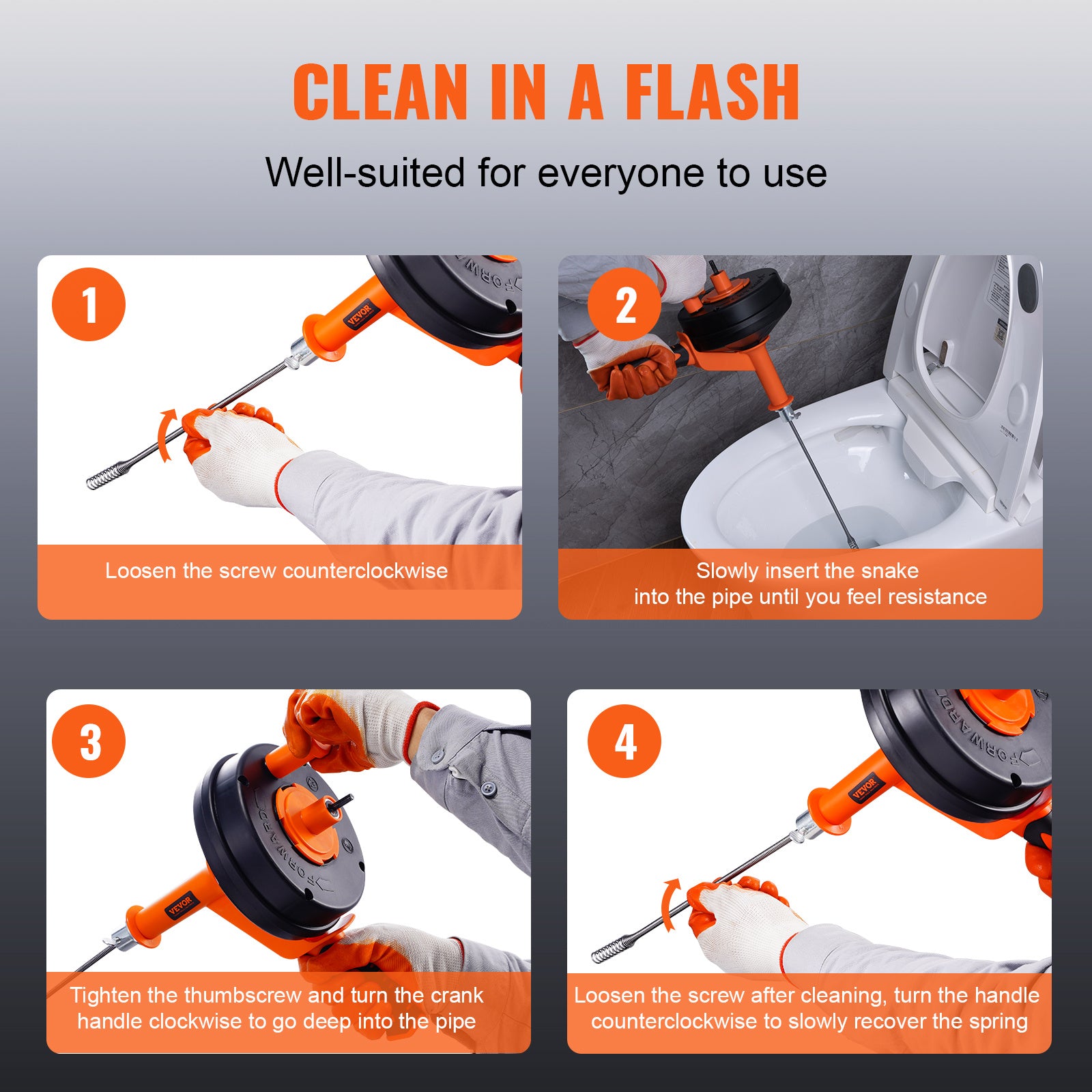 VEVOR Drain Auger, 25ft 1/4in Heavy Duty Flexible Drum Plumbing Drain Snake with Drill Adapter, Use Manually/Powered Steel Cable Clog Remover, Kitchen Bathrom Shower Sink with Gloves Autofeed Control