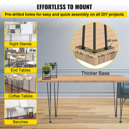 Hairpin Table Legs Set of 4 – Carbon Steel 3-Rod Design, 220 lbs Each, 16–40 Inch – Heavy Duty DIY Furniture Legs for Desk, Bench, Dining Table & Chairs – Black Powder Coat