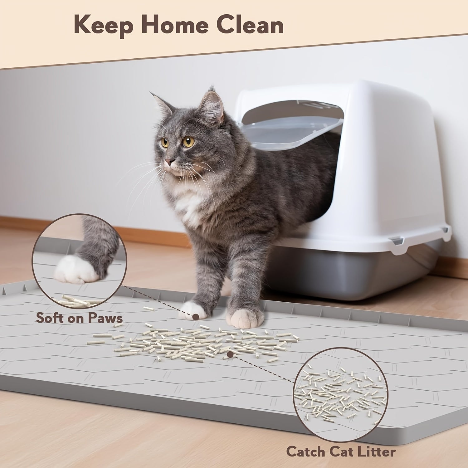 Large Mat for Cat Litter, Measuring 34" X 22", Made of Silicone And Easy to Clean, in Gray Color
