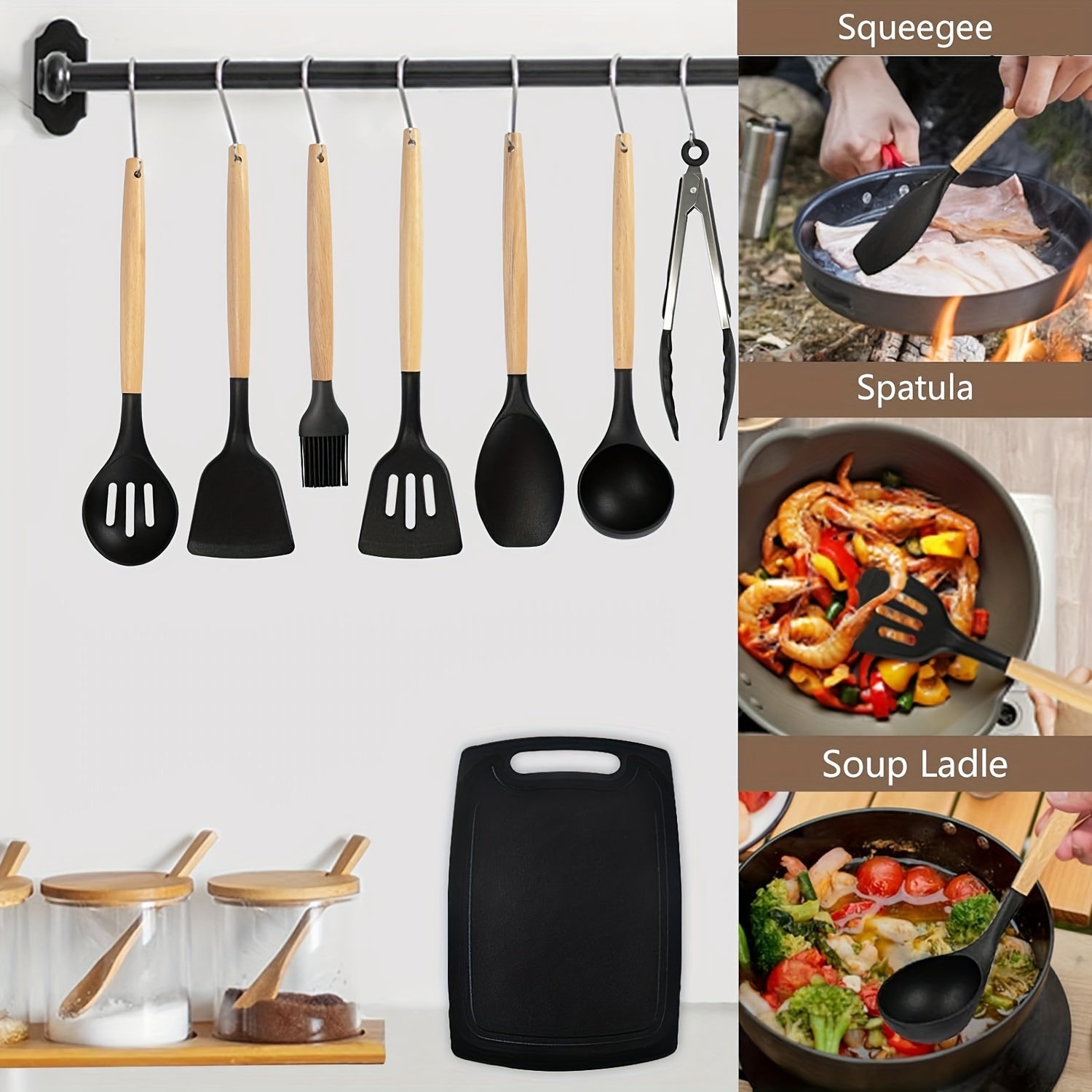 20pcs Kitchen Cooking Utensils and Knife Set with Knife Block, Including 11pcs Silicone Cooking Utensil Set, 5 Sharp Stainless Steel Chef Knives, Scissors, Whisk, Petal Spoon, and Cutting Board