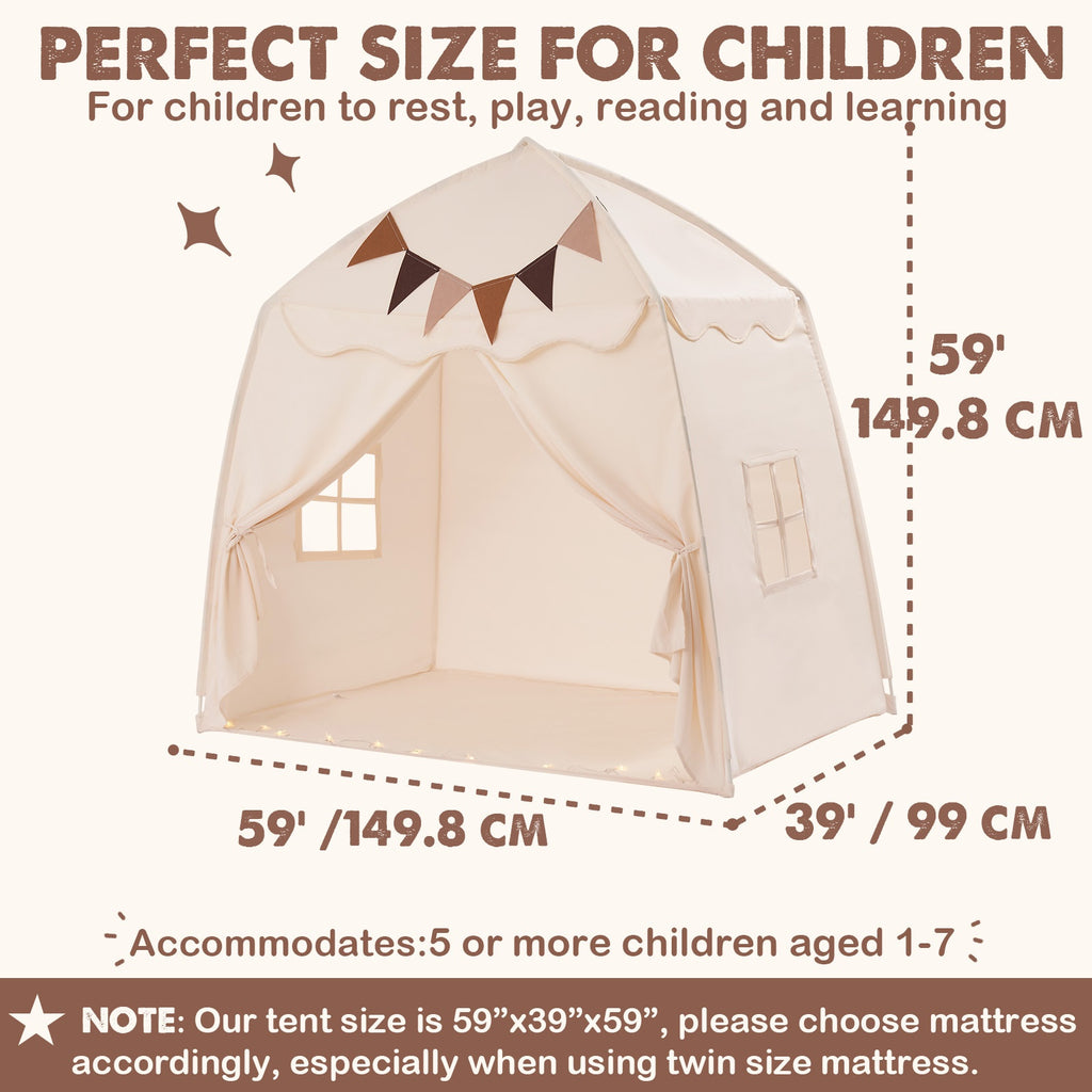 Kids Play Tent with Mat, Star Lights & Tissue Garland – Large 52"x35"x52" Indoor Outdoor Playhouse with Windows for Girls & Boys, Toddler Tent, Washable, Complete Imaginative Play Set