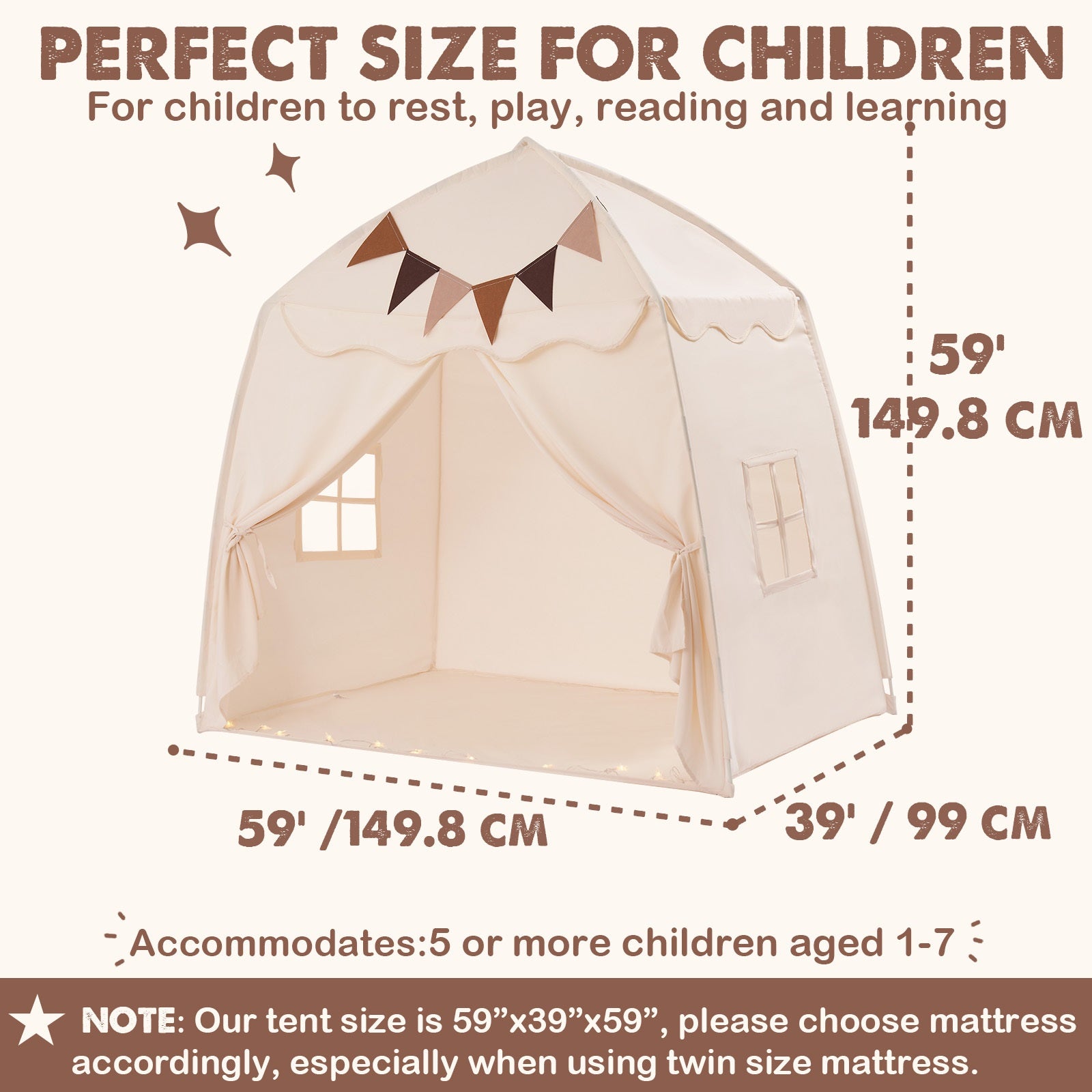 Kids Play Tent with Mat, Star Lights & Tissue Garland – Large 52"x35"x52" Indoor Outdoor Playhouse with Windows for Girls & Boys, Toddler Tent, Washable, Complete Imaginative Play Set