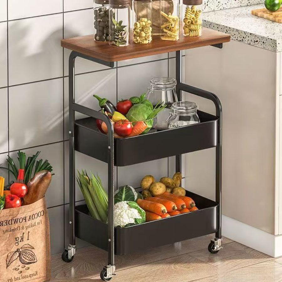 Versatile 3-Tier Rolling Storage Cart with Wheels - Slim Design, Wooden Top & Mesh Baskets for Kitchen, Office, Bathroom - Durable Metal Frame, Powder-Coated Finish - Black/White