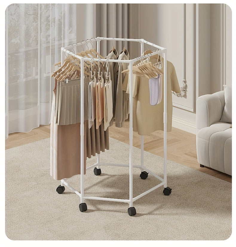 [Rotatable Clothing Rack] Sturdy 16mm Metal Tube Hexagonal Rotatable Clothing Rack with Wheels | Freestanding Vertical Garment Hanger, Portable Design for Efficient Clothes Storage and Display, Black/ White, Laundry Room Organizer