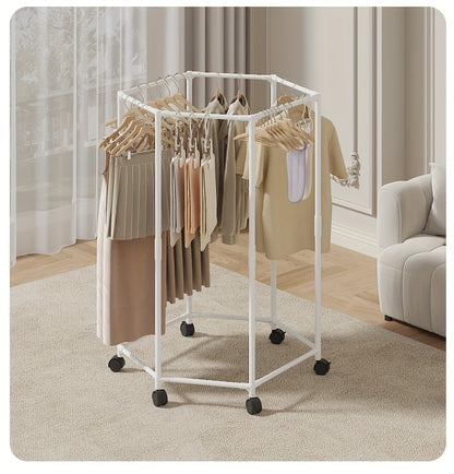 Rotatable Clothing Rack with Wheels – Sturdy 16mm Metal Hexagonal Freestanding Garment Hanger, Portable Vertical Clothes Storage for Bedroom, Laundry Room & Closet, Black or White