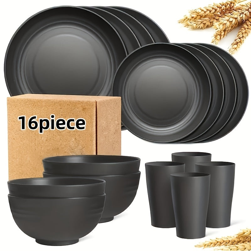 16/32pcs KITCHEN SET Made from Plastic Wheat Straw, Suitable for 4/8 People, Includes Plates, Dessert Plates, Cereal Bowls, And Cups. This Durable Outdoor Camping Tableware Is Perfect for FAMILY GATHERINGS And Birthday Celebrations