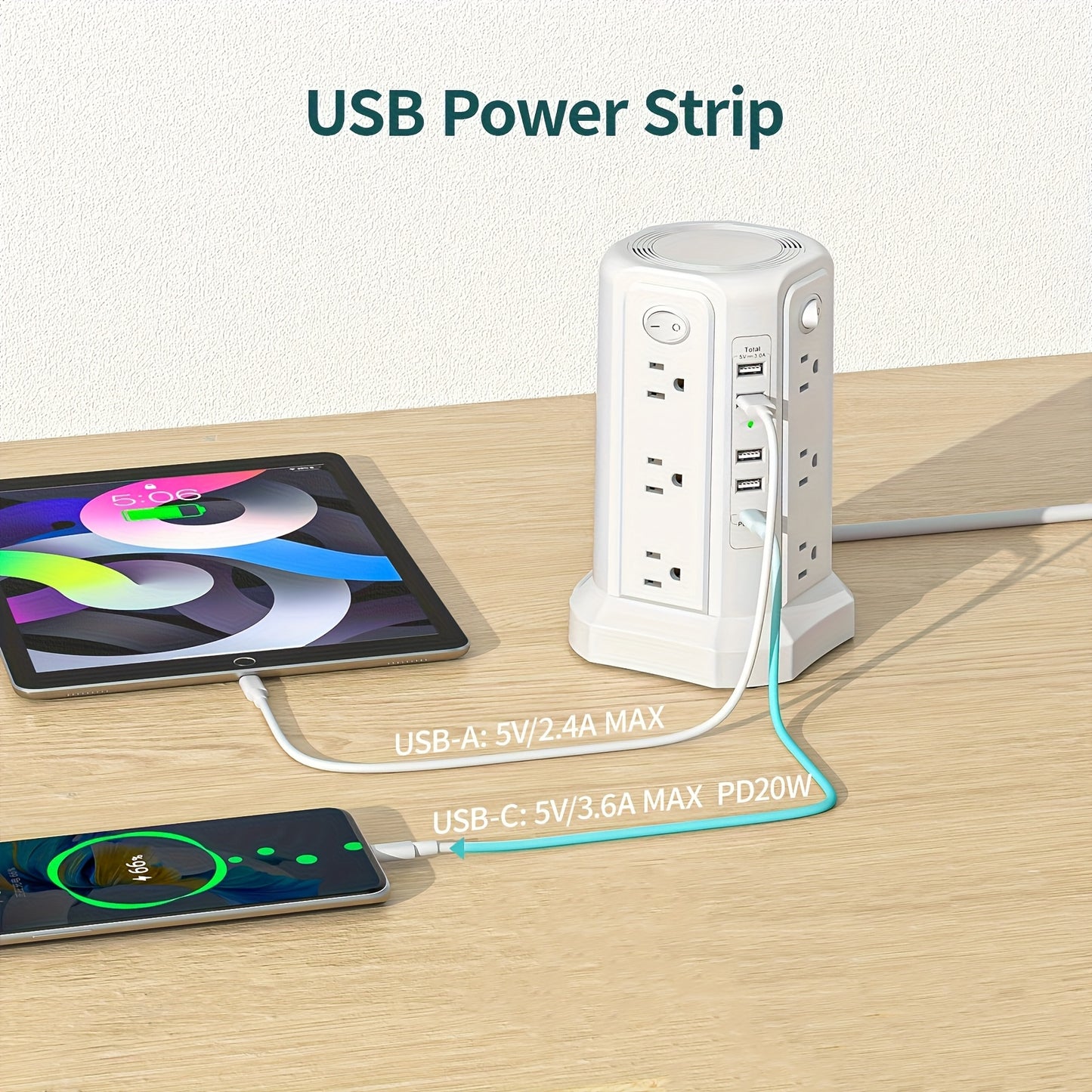Tower Surge Protector with Night Light – 12 AC Outlets, 5 USB Ports (18W USB-C PD), 10.2FT Extension Cord, 1800J Surge Protection, 4-Zone Switch, Black