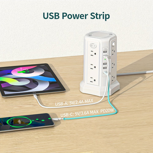 Tower Surge Protector with Night Light – 12 AC Outlets, 5 USB Ports (18W USB-C PD), 10.2FT Extension Cord, 1800J Surge Protection, 4-Zone Switch, Black