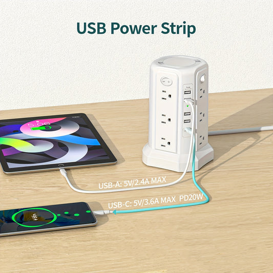 Introducing The Upgraded PASSUS Tower Surge Protector Power Strip with PD18W/20W. It Features a 10.2FT Extension Cord, 12 AC Outlets, And 5 USB Charging Ports, Providing Surge Protection for Your Home, Office, Or Dorm Room