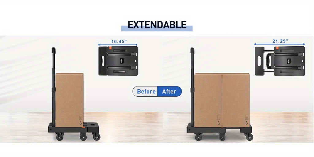 SPACEKEEPER Folding Hand Truck, 500 Lbs Heavy Duty Foldable Luggage Cart, 6 Wheels Utility Dolly Platform Cart with 2 Elastic Ropes, Portable Collapsible Dolly Cart with Extendable Base, Black Folding Cart, Travel, Moving, Shopping, Industry, Office