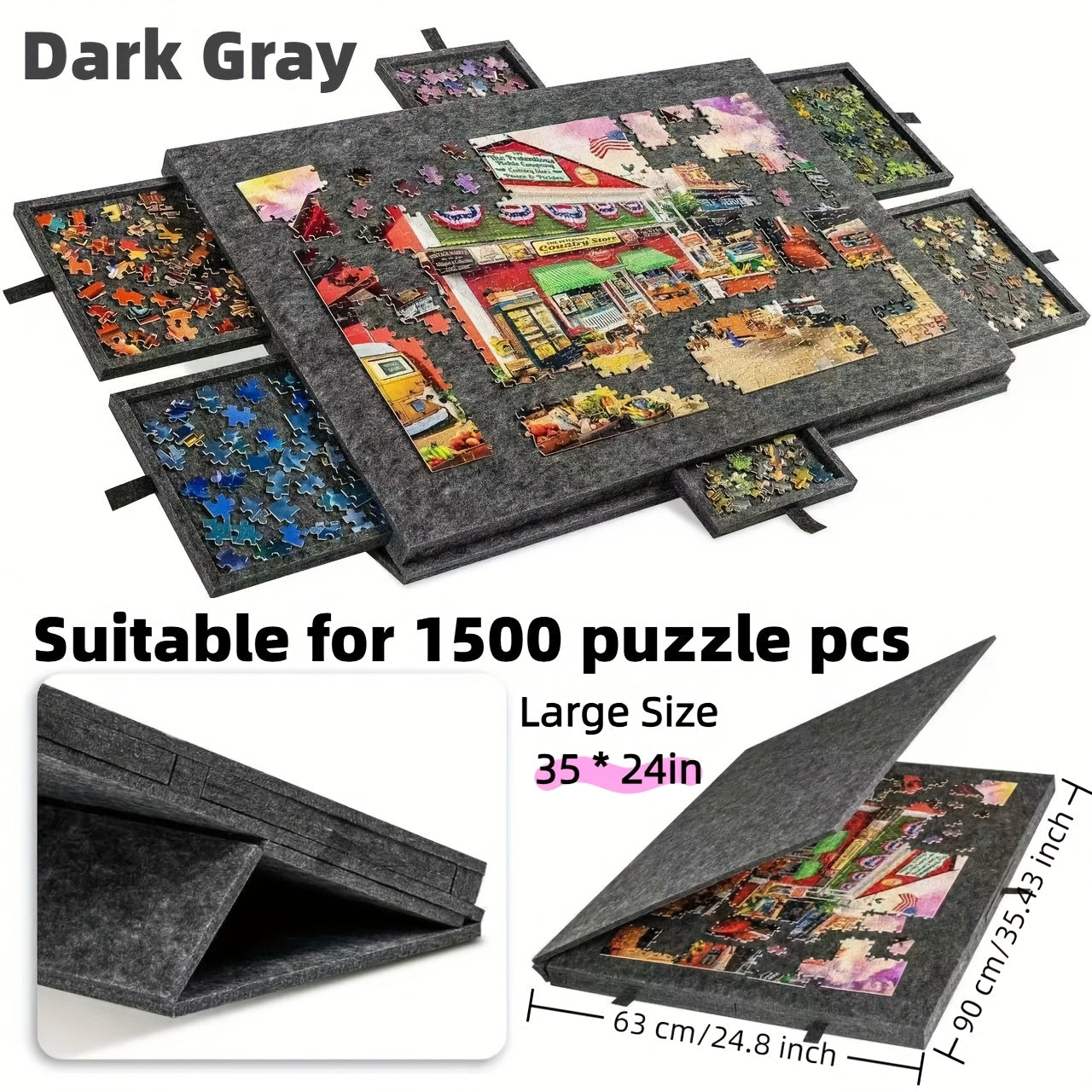 Gray Puzzle Board with 6 Sliding Drawer Organizers for 1000-1500 Pieces - Portable 23.6"x31.5" Anti-Slip Puzzle Table with 2 Puzzle Boxes, Family Game Gift