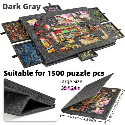 Gray Puzzle Board with 6 Sliding Drawer Organizers for 1000-1500 Pieces - Portable 23.6"x31.5" Anti-Slip Puzzle Table with 2 Puzzle Boxes, Family Game Gift