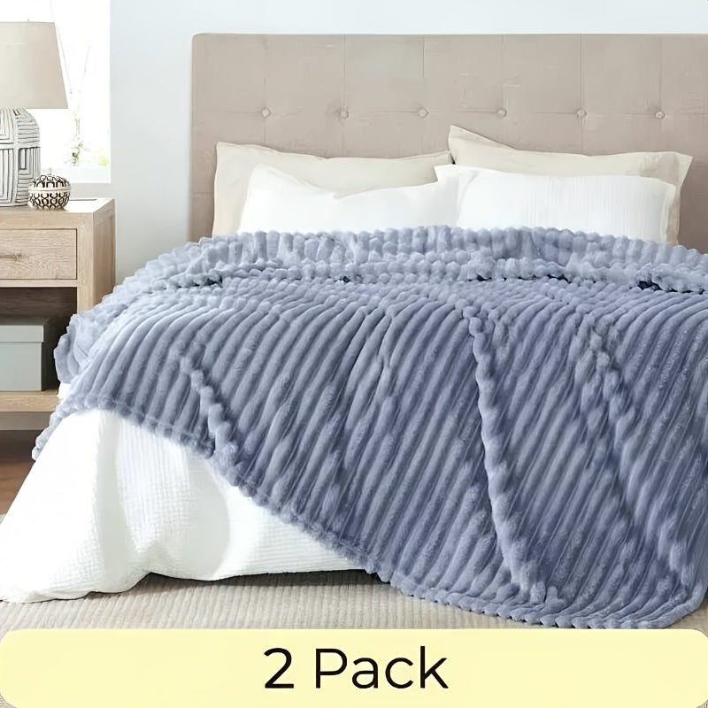 Faux Fur Rabbit Blanket Set of 2 – 260GSM Striped Luxury Plush Throw, OEKO-TEX Certified, Machine Washable, Cozy Sofa & Bed Blanket for Women & Men, Multiple Colours