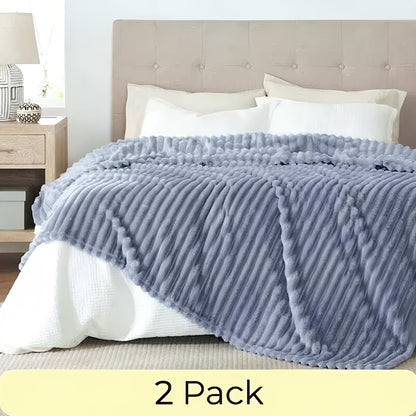 Faux Fur Rabbit Blanket Set of 2 – 260GSM Striped Luxury Plush Throw, OEKO-TEX Certified, Machine Washable, Cozy Sofa & Bed Blanket for Women & Men, Multiple Colours