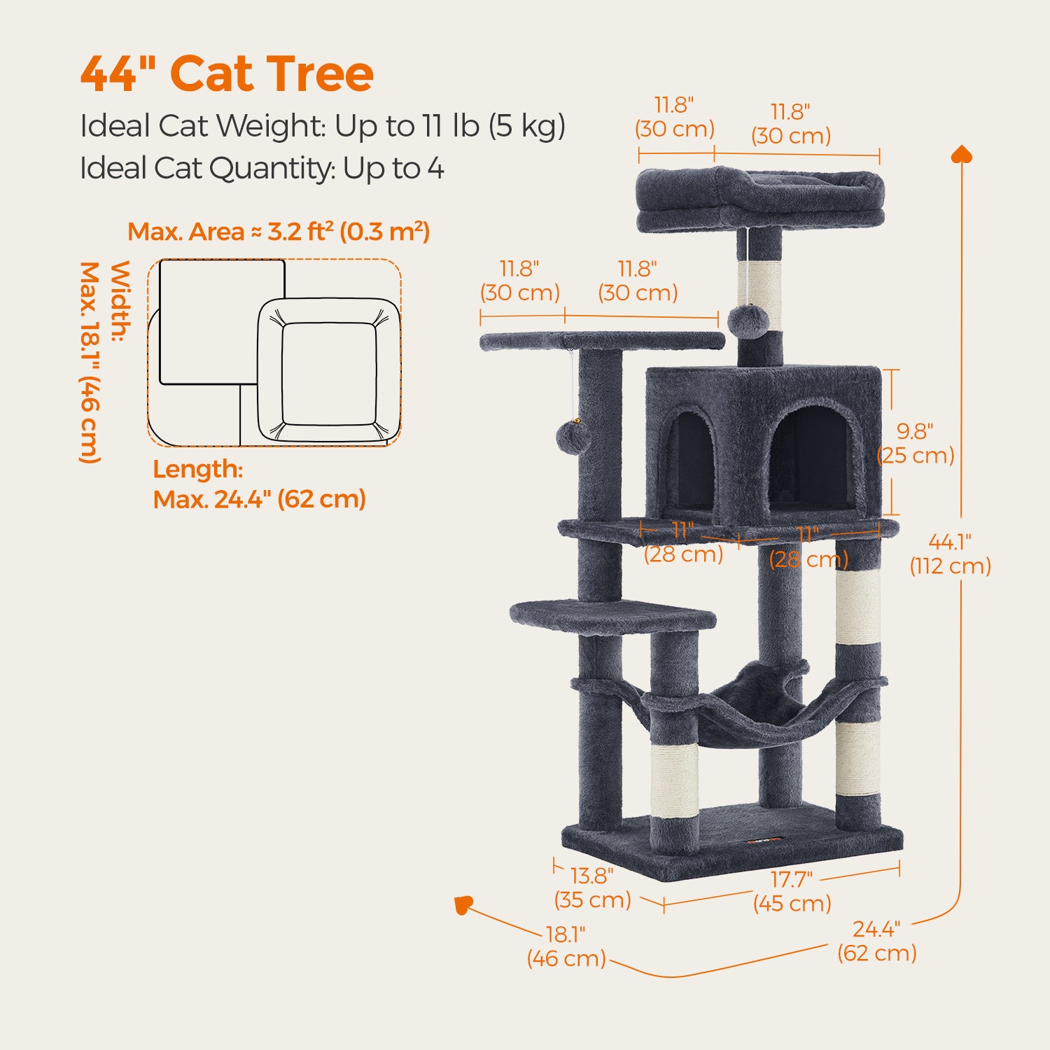 Cat Tree, 44.1-Inch Cat Tower for Indoor Cats, Multi-Level Cat Condo with Scratching Posts, Perches, Hammock and Cave, Smoky Gray