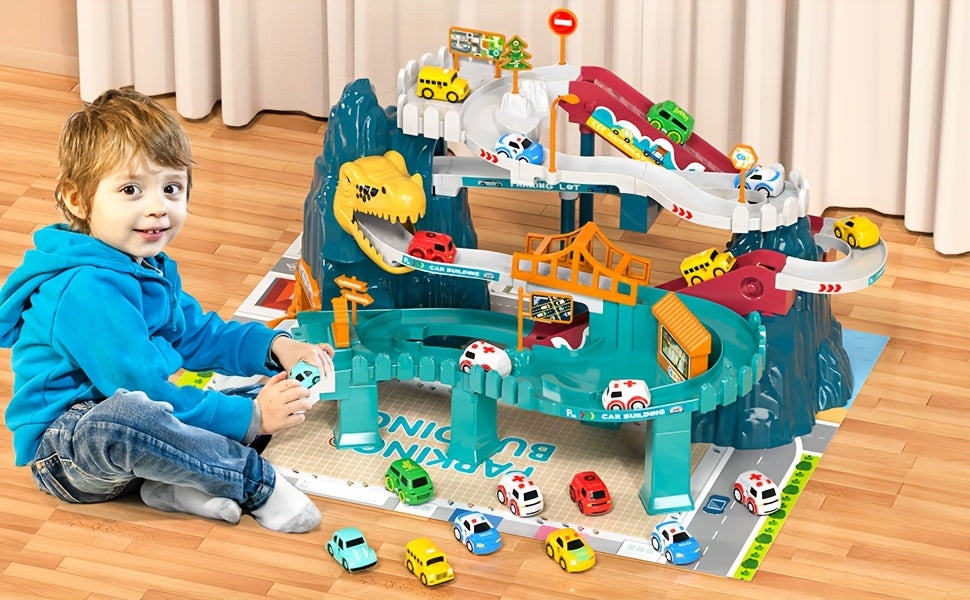 Dinosaur Race Track Toy for Kids with 10 Cars – Car Ramp Track Dinosaur Playset for Boys & Girls, Fun Racing Toy for Toddlers, Best Birthday & Christmas Gift for Kids
