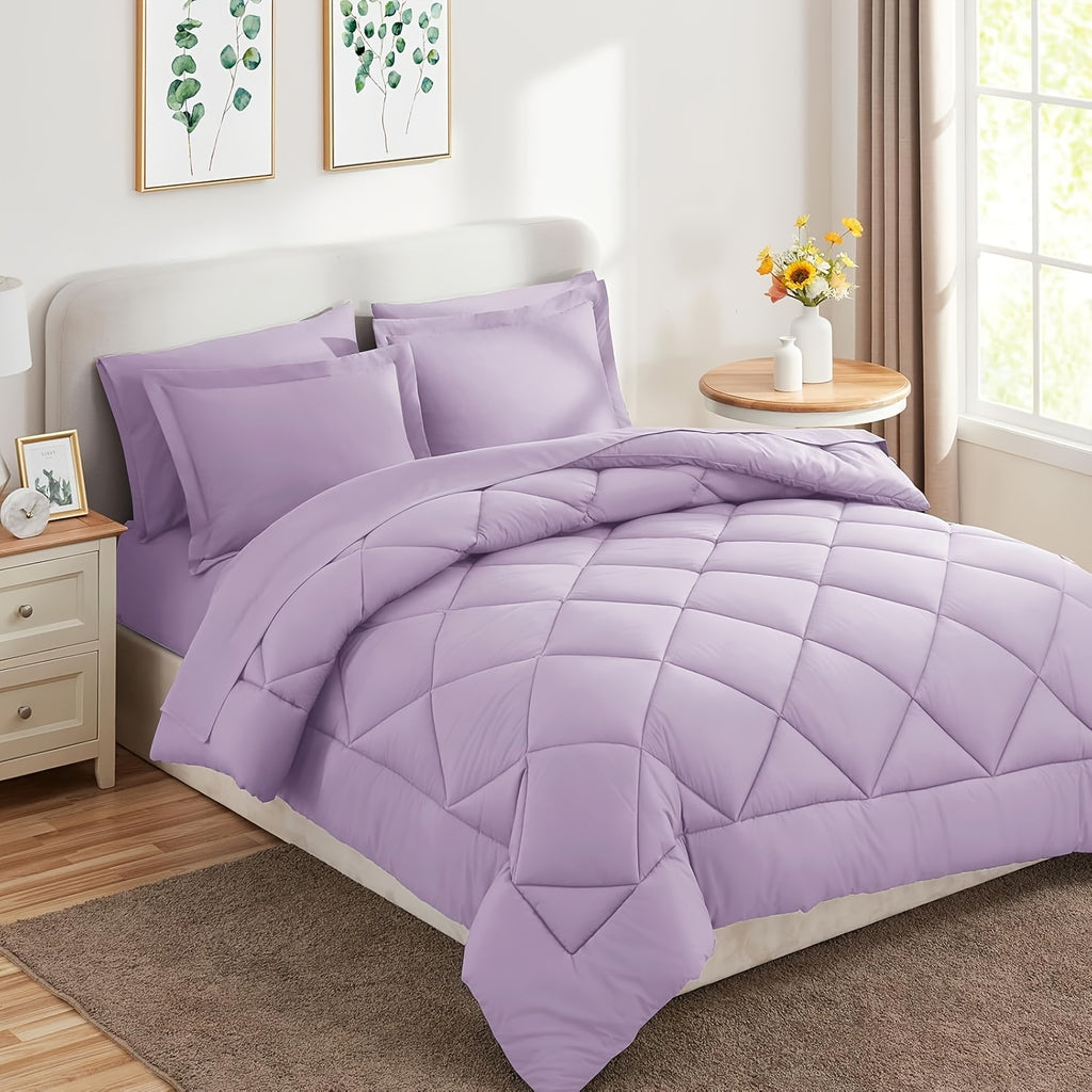 7pcs Quilting Comforter Collection - Soft Brushed Material - Box Stitch Pattern - Luxuriously Soft Bedding Ensemble Including Comforter - Complete Bedding with Comforter, Flat Sheet, Fitted Sheet, Pillowcases