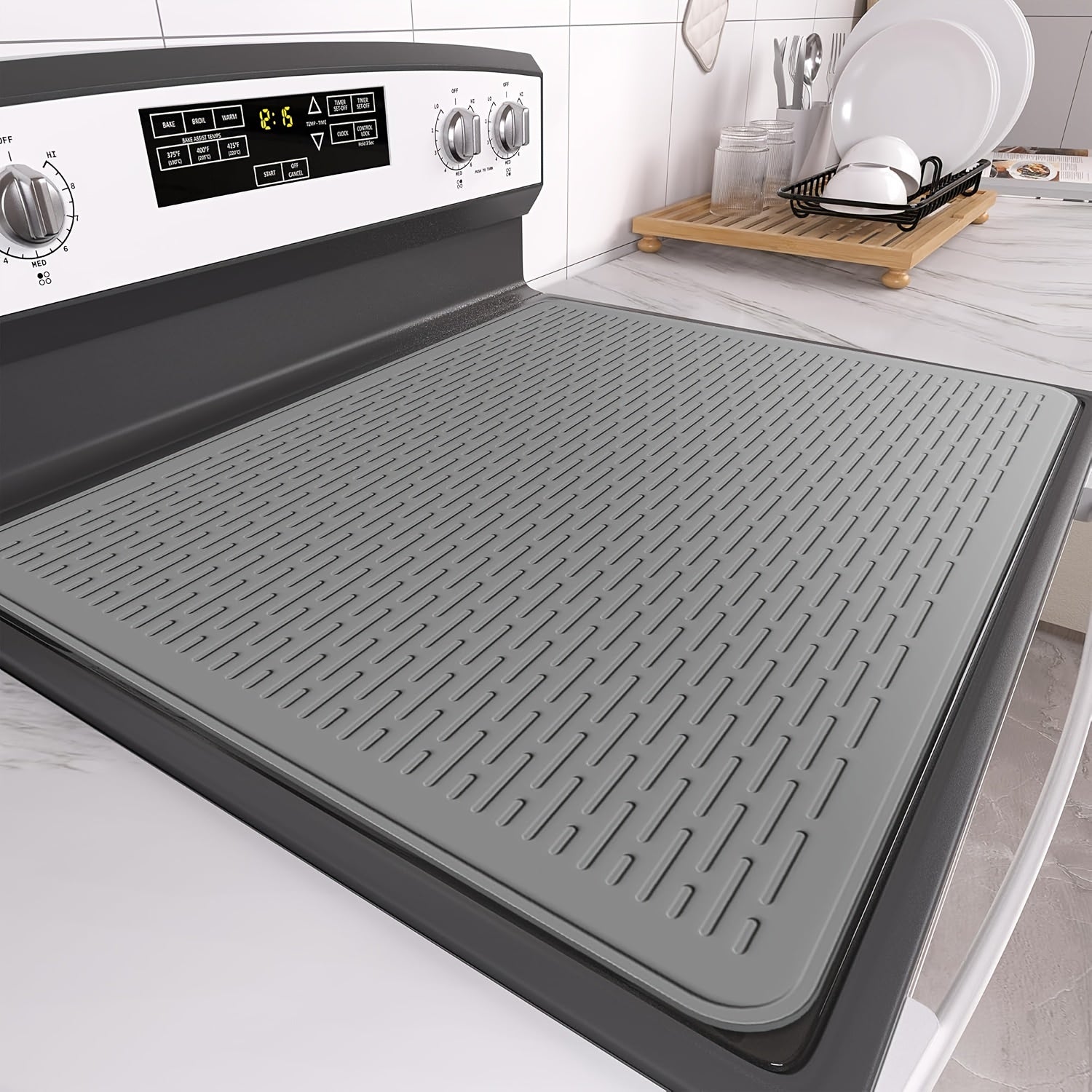Silicone Stove Top Cover Mat 28"x20" Heat Resistant Glass Cooktop Protector – Extra Large Non-Slip Dish Drying Mat for Electric Induction Ceramic RV Range, Black