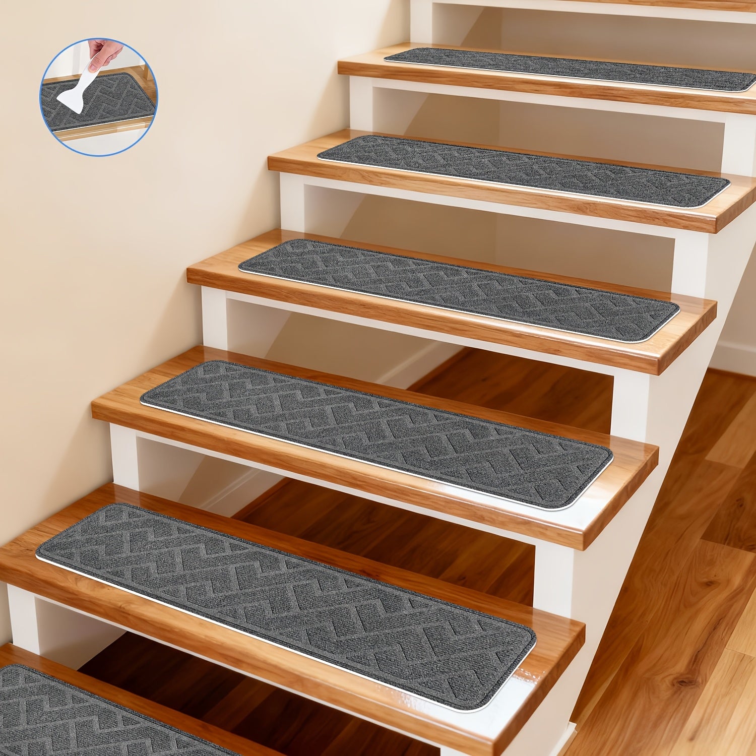 Anti-Slip Self-Adhesive Stair Treads – 3D Embossed, 30x8 Inch, 7/15-Piece Set, Indoor & Outdoor Stair Mats for Pets & Seniors, No-Tool Install, Scratch Resistant, Cut-to-Fit Design