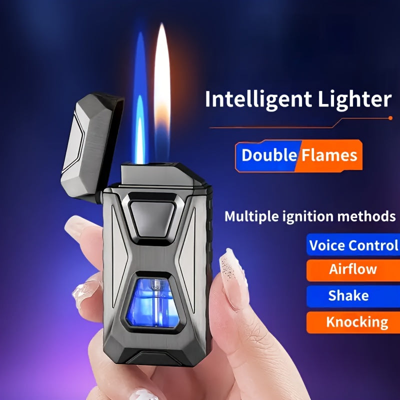 Voice-Controlled Windproof Butane Lighter with Dual Flame Modes, USB Rechargeable, Adjustable Airflow, Knocking Ignition - Ideal for Outdoor BBQ, DIY, Baking, Kitchen Use - Includes Gift Box (No Butane)