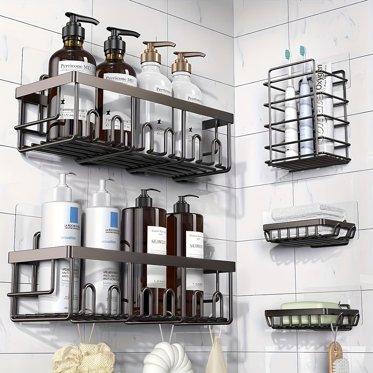 Adhesive Shower Caddy Organizer 5-Pack – No Drilling Rustproof Stainless Steel Shower Shelves with Soap Holder, Wall-Mounted Bathroom Storage Rack for Renters & Families