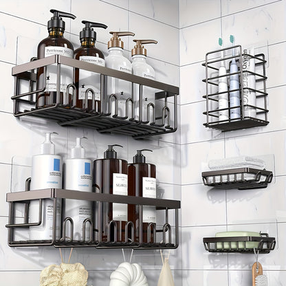 Adhesive Shower Caddy Organizer 5-Pack – No Drilling Rustproof Stainless Steel Shower Shelves with Soap Holder, Wall-Mounted Bathroom Storage Rack for Renters & Families