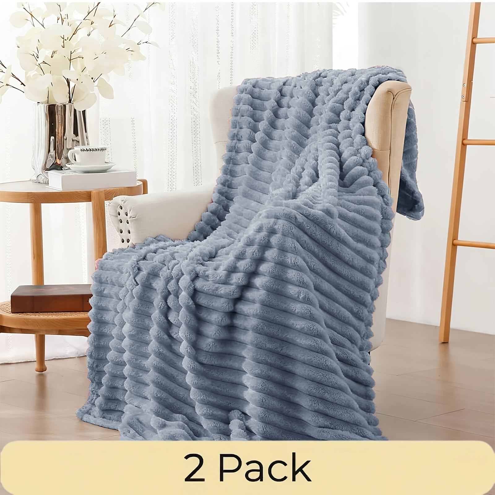 Faux Fur Rabbit Blanket Set of 2 – 260GSM Striped Luxury Plush Throw, OEKO-TEX Certified, Machine Washable, Cozy Sofa & Bed Blanket for Women & Men, Multiple Colours