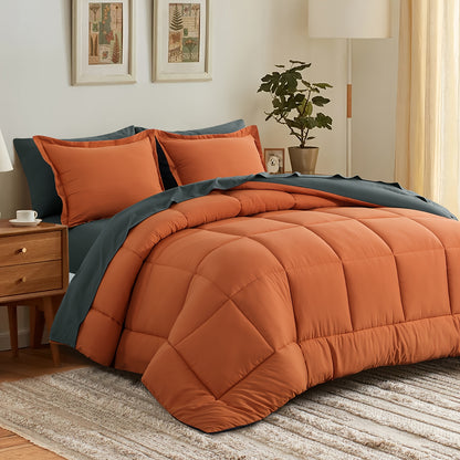 7pcs Reversible Bedding Set Soft Microfiber – Lightweight Breathable Comforter Flat Sheet Fitted Sheet & Pillowcases, All-Season Family Bedding Gift Set