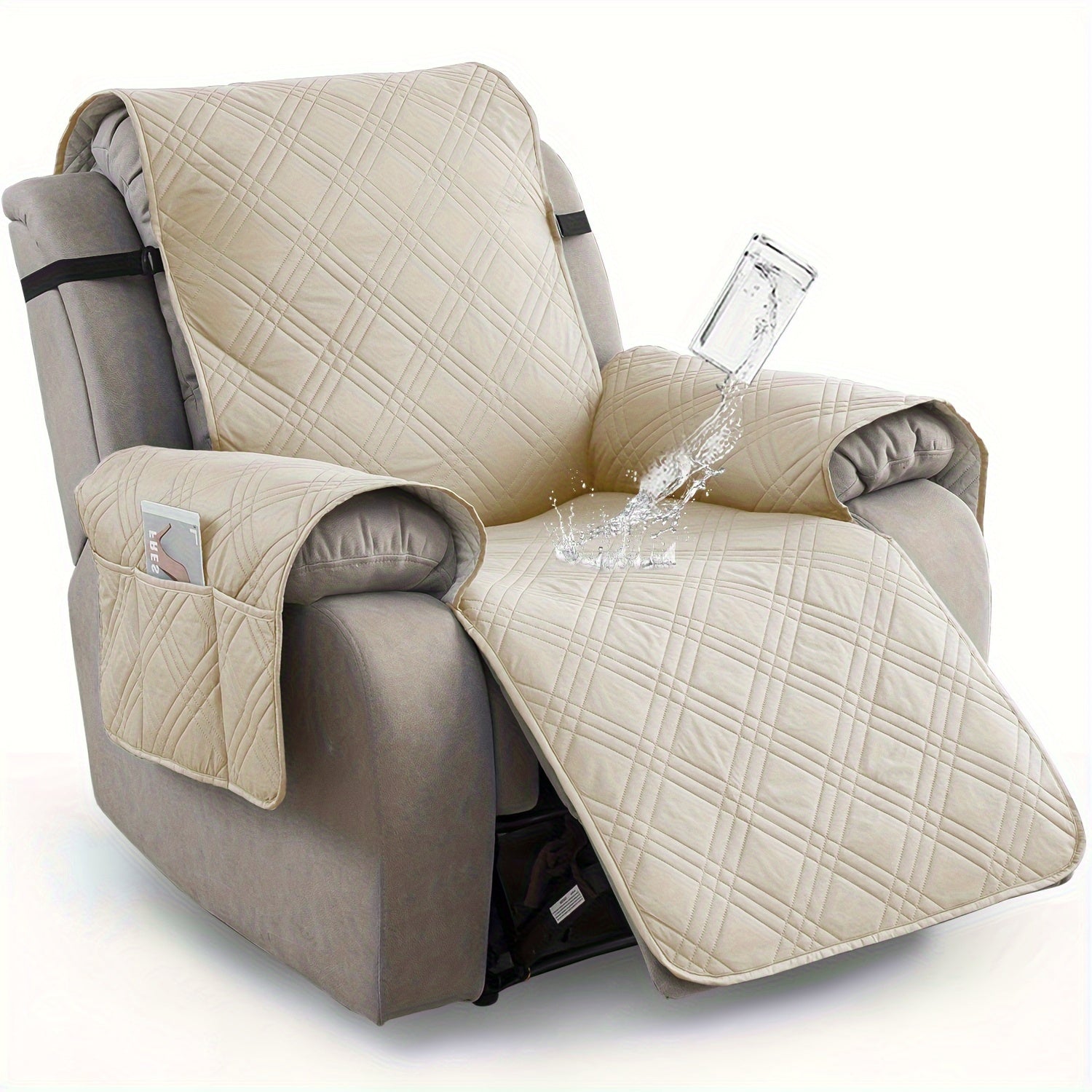 Waterproof Recliner Chair Cover Non-Slip Slipcover with Pocket – 5-Layer Quilted Furniture Protector for Pets, Washable, Easy Install, Elastic Straps – 9 Colours Including Black, Grey & Beige