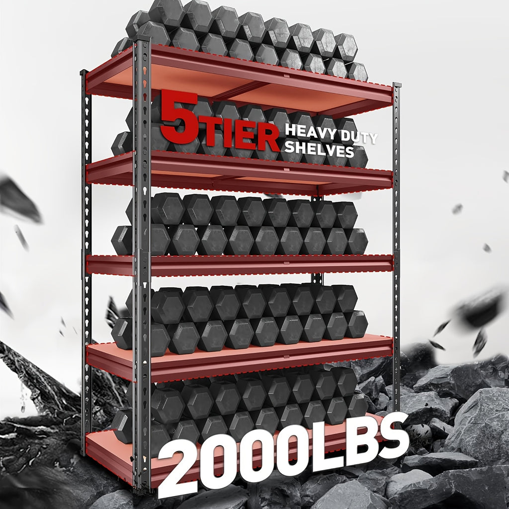 Heavy-Duty Storage Shelves with a Capacity of 2000 Pounds, Featuring Five Tiers And Dimensions of 72 Inches in Height, 35.55 Inches in Width, And 16 Inches in Depth. Ideal for Garages, Basements, Warehouses, And Pantries, Utility Shelves