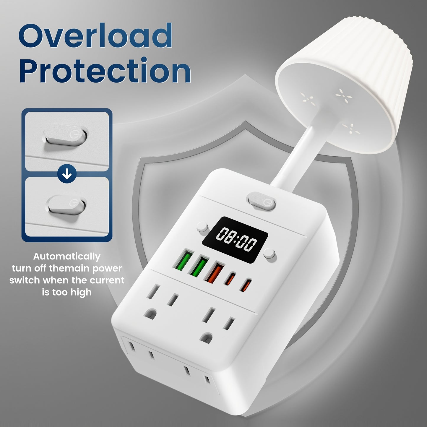 11-in-1 Multifunctional Power Strip – 4 Outlets, 3 USB-A & 2 USB-C, Built-in Desk Lamp & Digital Clock, Overload Protection, Wall-Mountable Desktop Charging Station for Home, Office & School