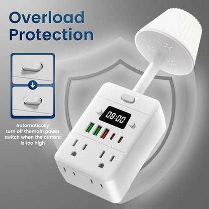 11-in-1 Multifunctional Power Strip – 4 Outlets, 3 USB-A & 2 USB-C, Built-in Desk Lamp & Digital Clock, Overload Protection, Wall-Mountable Desktop Charging Station for Home, Office & School