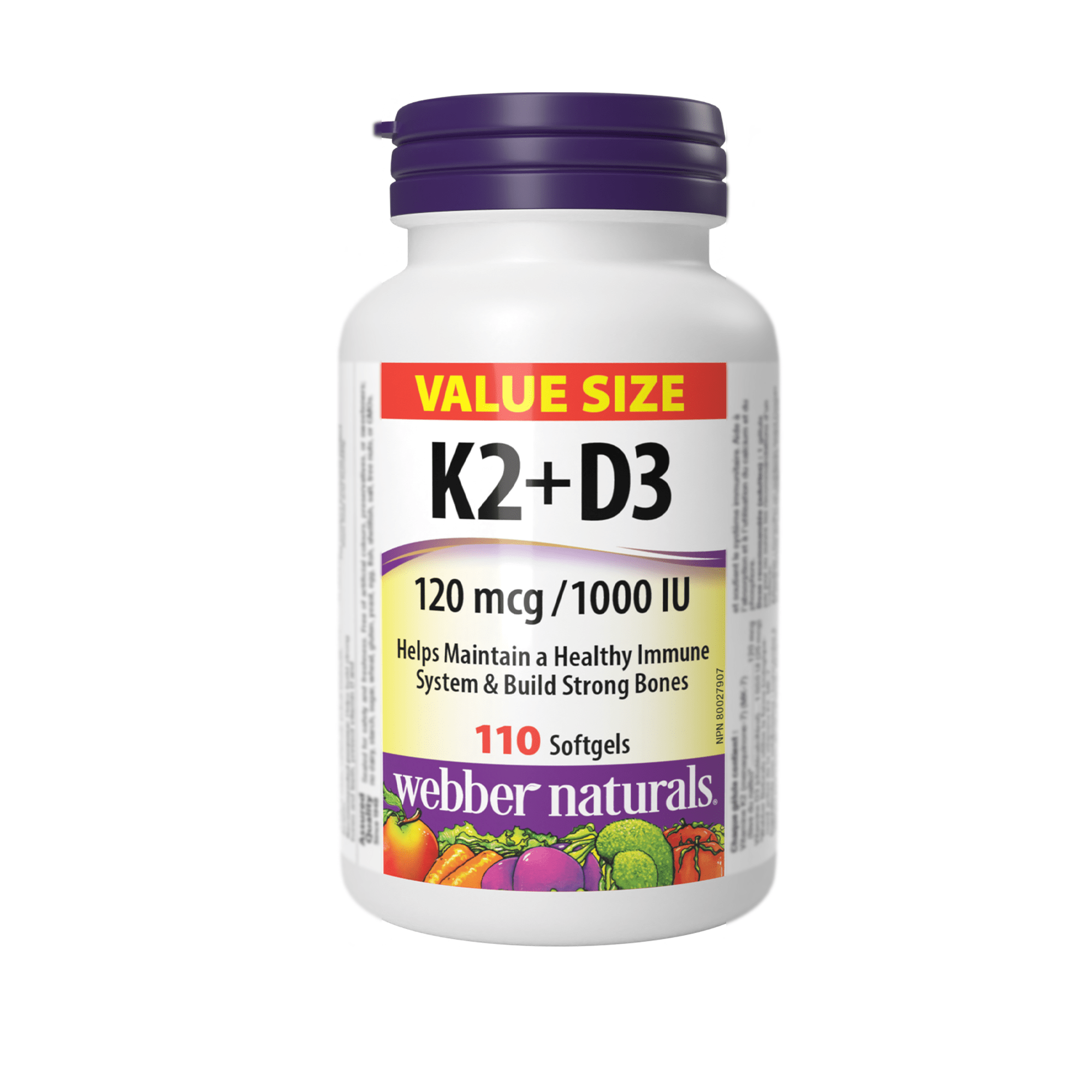 Webber Naturals Vitamin K2 with D3, 110 Softgels, MK-7 Formula, Helps Support Bones, Teeth, and Immune Function