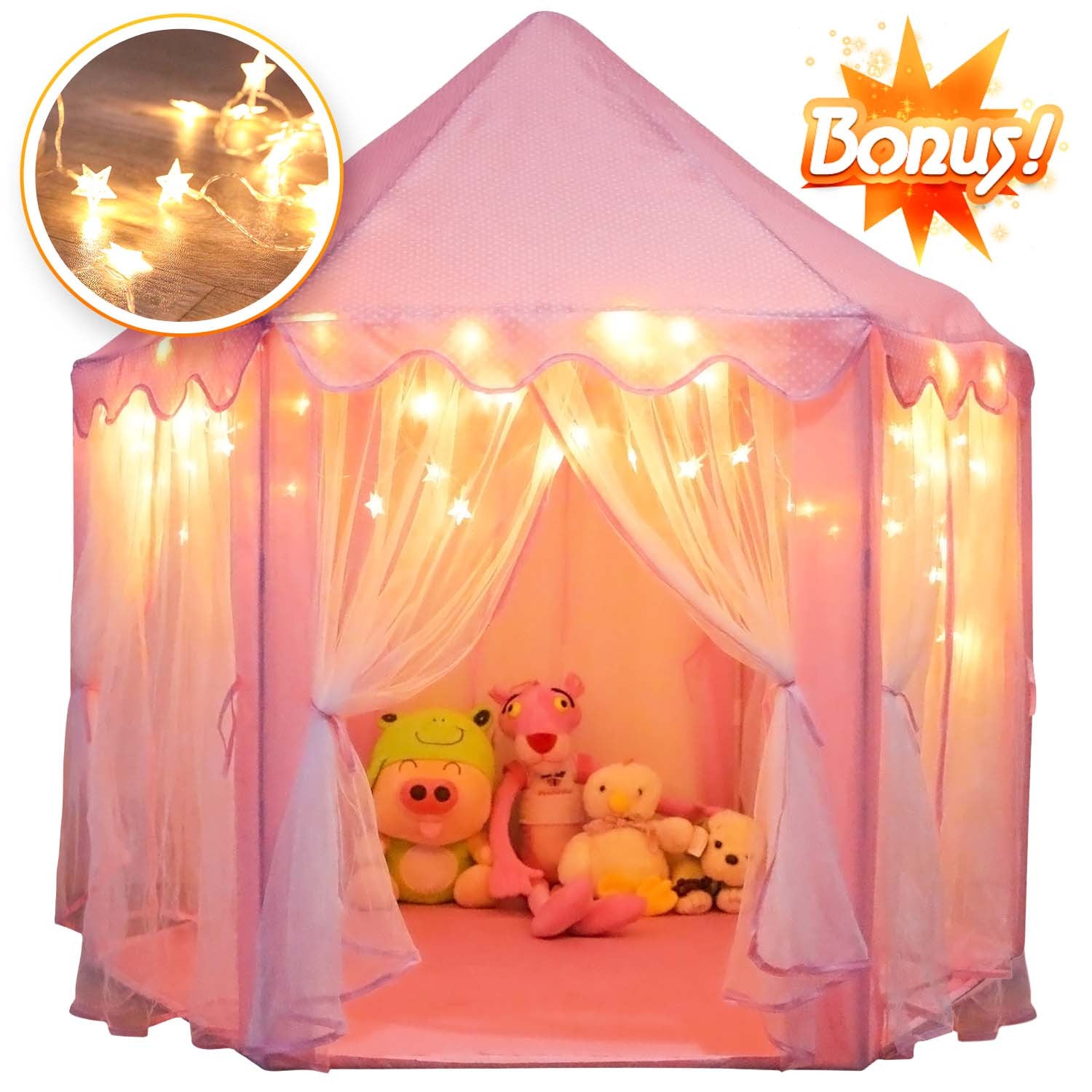 Princess Castle Play Tent with Star-LED Lights – Large Pink Indoor & Outdoor Kids Playhouse, Easy-Setup Fairy Castle for Birthday & Christmas Gifts