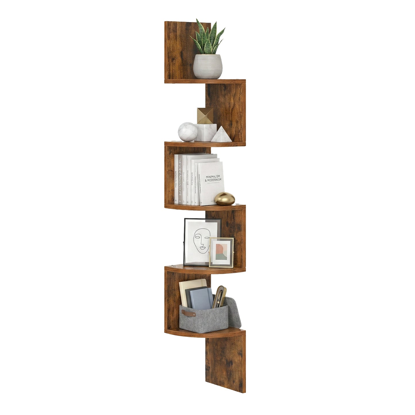 5-Tier Corner Floating Wall Shelf with Zigzag Design – Rustic Brown Bookshelf, 7.9"x7.9"x49.6", 33 lb Capacity, Scratch-Resistant for Living Room Bedroom Office