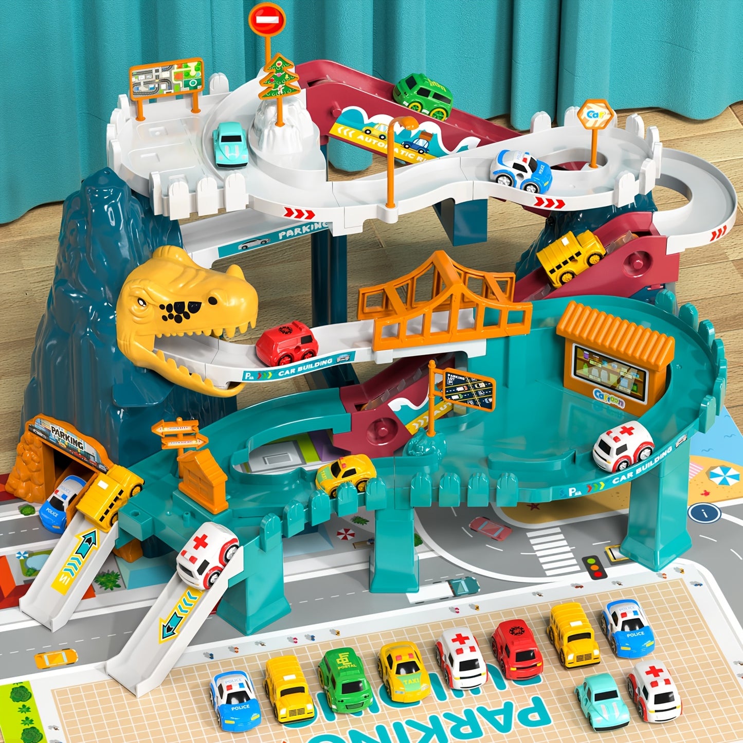 Dinosaur Race Track Toy for Kids with 10 Cars – Car Ramp Track Dinosaur Playset for Boys & Girls, Fun Racing Toy for Toddlers, Best Birthday & Christmas Gift for Kids